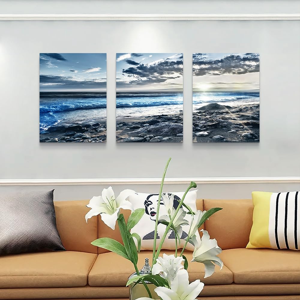 DZRWUBHS Canvas Wall Art - Modern Decor for Living Room, Office & Bedroom - 3 Piece Blue Beach Seascape Wall Prints