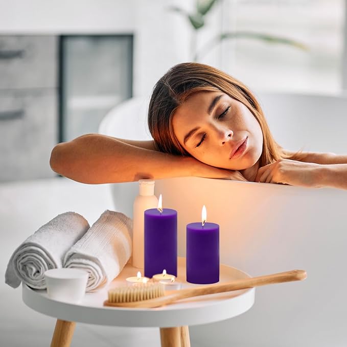 Purple Unscented Pillar Candles 3-Pack ??Dripless & Smokeless, Long-Burning Thick Candles (2",3",4" Heights) for Weddings, Home Decor & Serene Ambiance
