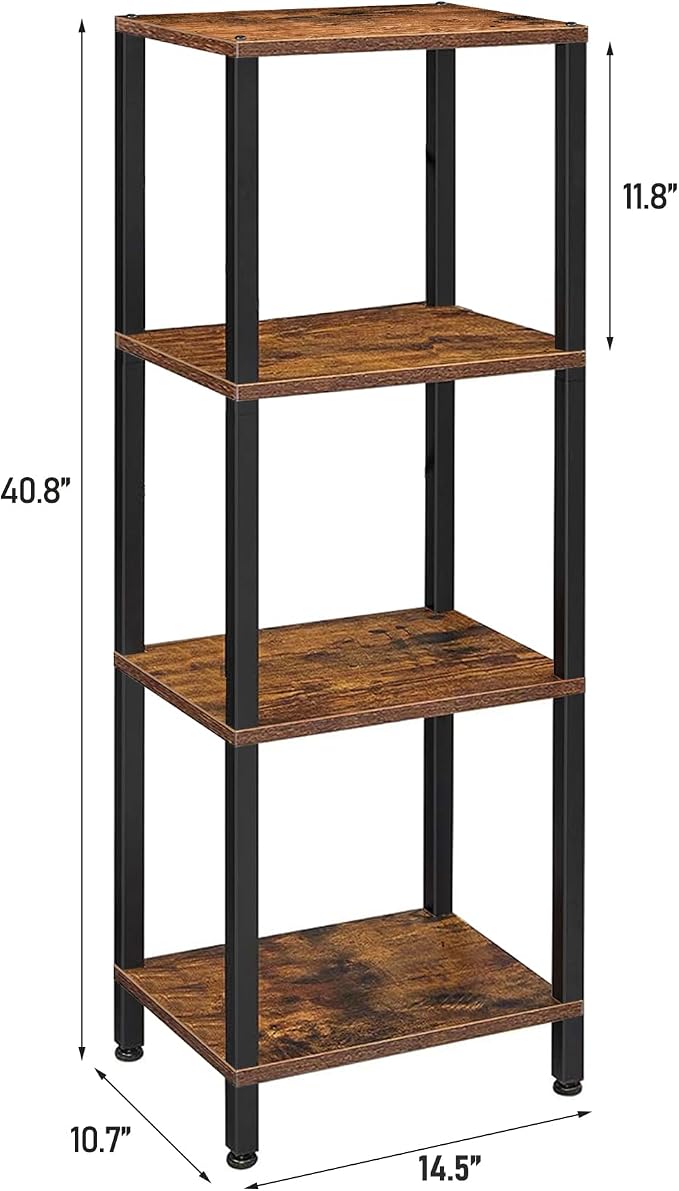 TUTOTAK Bookshelf, 4-Tier Tall Book Shelf, Narrow Bookcase for Small Space, DIY Stackable Bookshelf, for Living Room, Office, Study, Entryway, Industrial, Rustic Brown BS01BB004