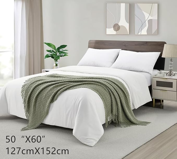 CREVENT Farmhouse Boho Knitted Throw Blanket for Couch Sofa Chair Bed Home Decoration, Soft Warm Cozy Light Weight for Spring Summer Fall (50''X60'' Sage Green)