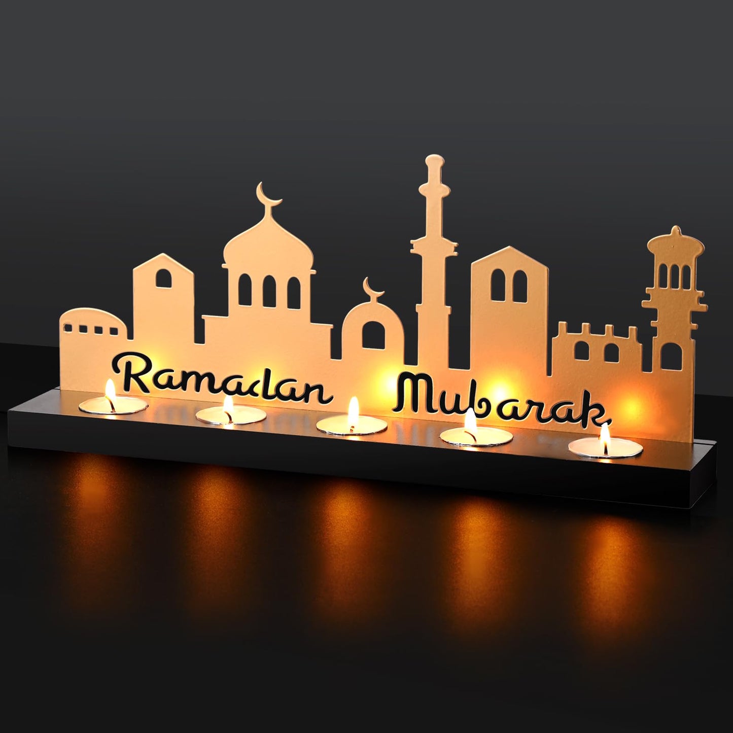 MorningRo Ramadan Mubarak Decorations Islamic Candle Holder with 5 Tea Candles Eid Mubarak Metal Sign with Wood Base Ramadan Kareem Table Centerpieces Eid Al Fitr Muslim Party Gifts