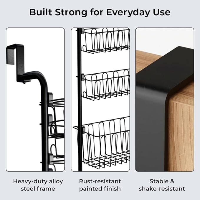 Over Door Organizer Storage - 6 Tier Black Metal Over the Door Pantry Organizer Heavy Duty Hanging Storage Rack, Behind Cabinet Shelves for Home, Kitchen, Bathroom, Closet, Pantry