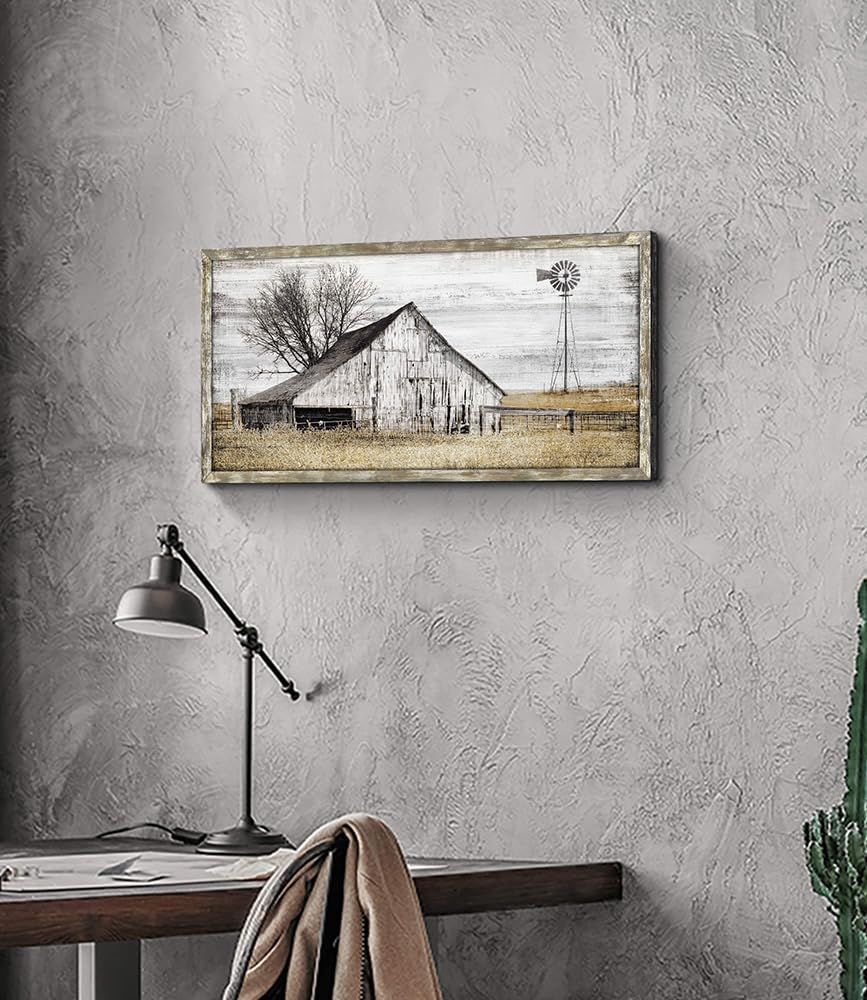 Barn Wall Art Decor Picture: Bedroom Framed Farmhouse Wooden Painting Rustic Horizontal Country Landscape Farm Windmill Print Long Panoramic Nature Scene Countryside Artwork for Living Room Bathroom