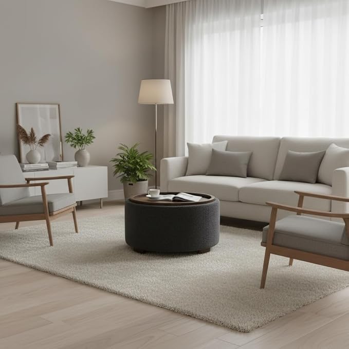 Zihanhome 30 Inch Round Storage Ottoman Coffee Table, Modern Boucle Ottoman with Lift-Off Lid and Solid Wood Legs for Living Room, Bedroom, Corners, Apartments (Grey)