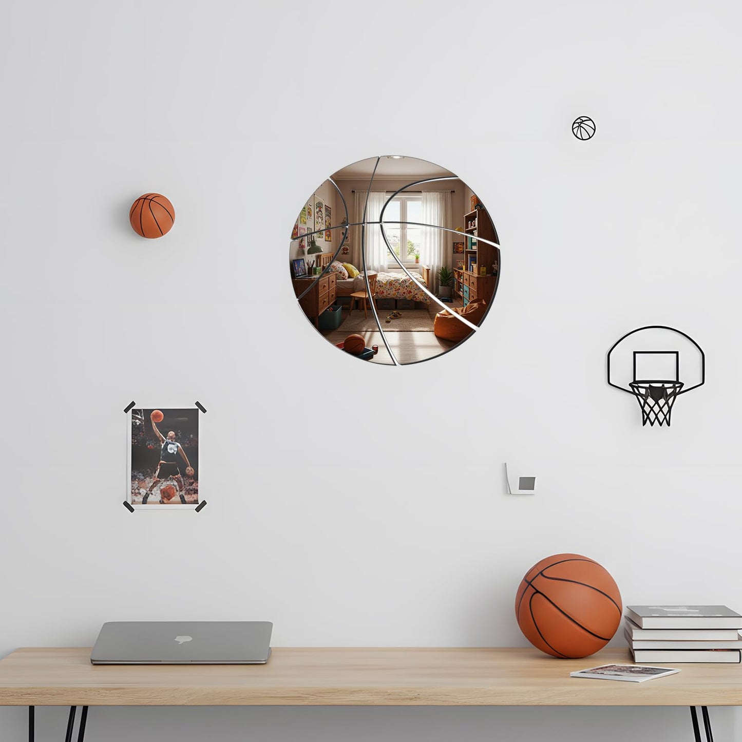 Kathfly 4 Pcs Sports Room Wall Mirror Decor Football Basketball Soccer Baseball Mirror Wall Decal Sticker for Sports Bedroom Nursery