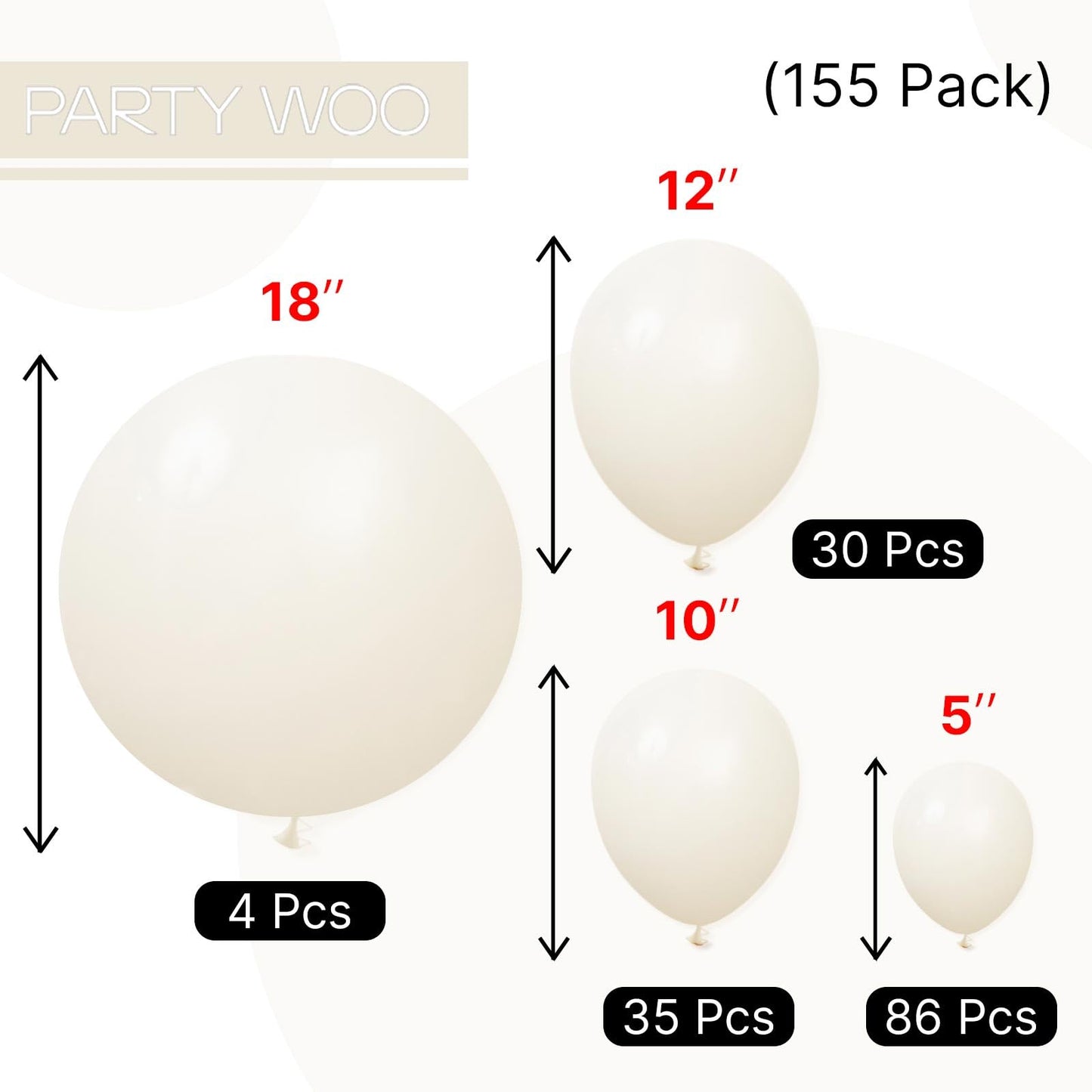 PartyWoo Beige Balloons 155pcs Different Sizes of 18 12 10 5 Inch Cream Ivory Balloon Arch Kit Garland for Wedding Bridal Graduation Baby Shower Easter Birthday Tea Boho Party Decorations White-Q08