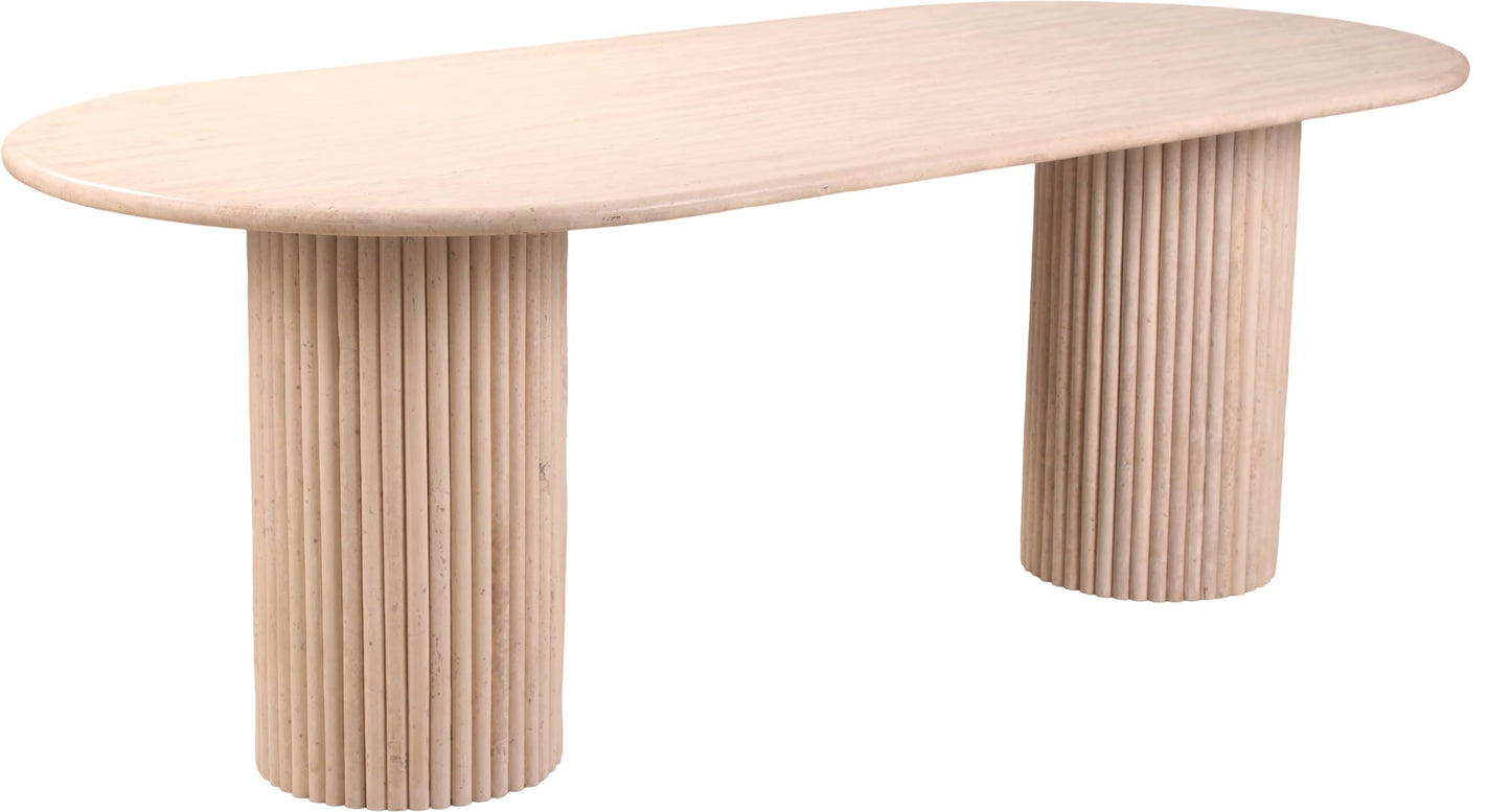Meridian Furniture Messina Collection Art Deco Travertine Dining Table, Fluted Travertine Bases, Oval Top, 87" W x 39.5" D x 30" H, Beige Travertine