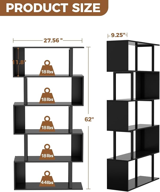 Gadroad 5-Tier Geometric Bookcase,S Shaped Bookshelf, Wood Decorative Storage Shelving, Modern Freestanding Display Shelves, Tall Book Shelf Unit for Living Room Bedroom, Black