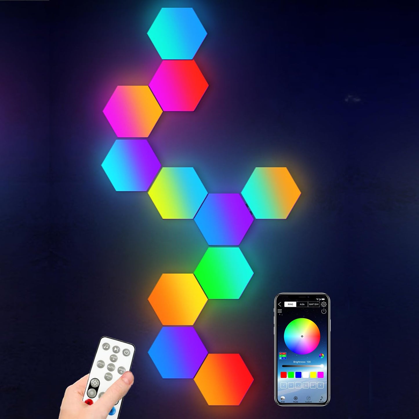 Amailtom Hexagon LED Lights Sync with Music, Hexagon Gaming Wall Lights App and Remote Control, 16 Million Colors Modular Light Panels DIY Geometry Splicing for Gaming Room Bedroom, 7 Pack