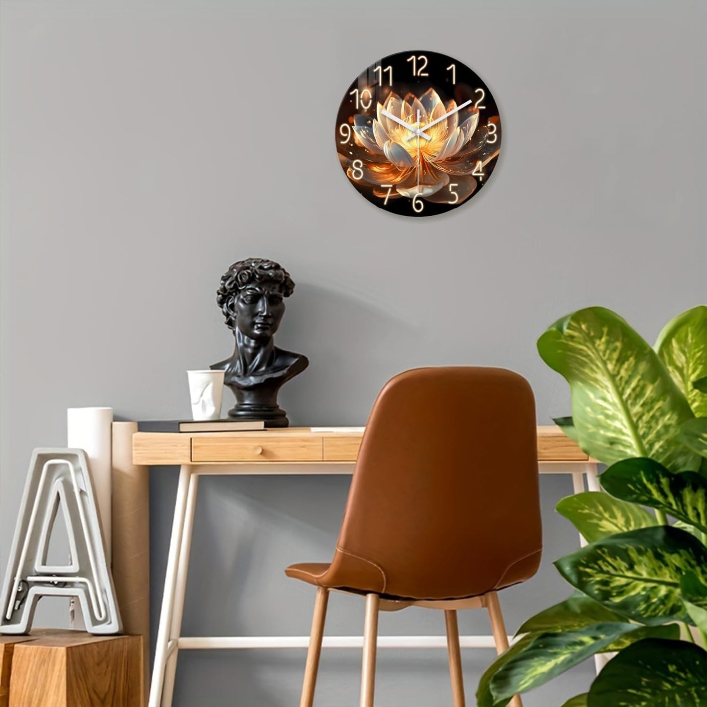 XFM Lotus Flower Wall Clock 16 inch Round Silent Wall Clocks Battery Operated Modern Floral Decorative Wall Clock for Bedroom Kitchen Living Room Bathroom