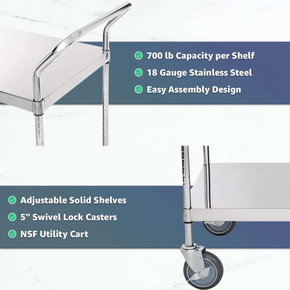 18" x 46" x 37" Stainless Steel Two Shelf Utility Cart - Commercial Heavy-Duty NSF Service Cart with Handles, Storage Rolling Shelving for Warehouse, Office, Food Service