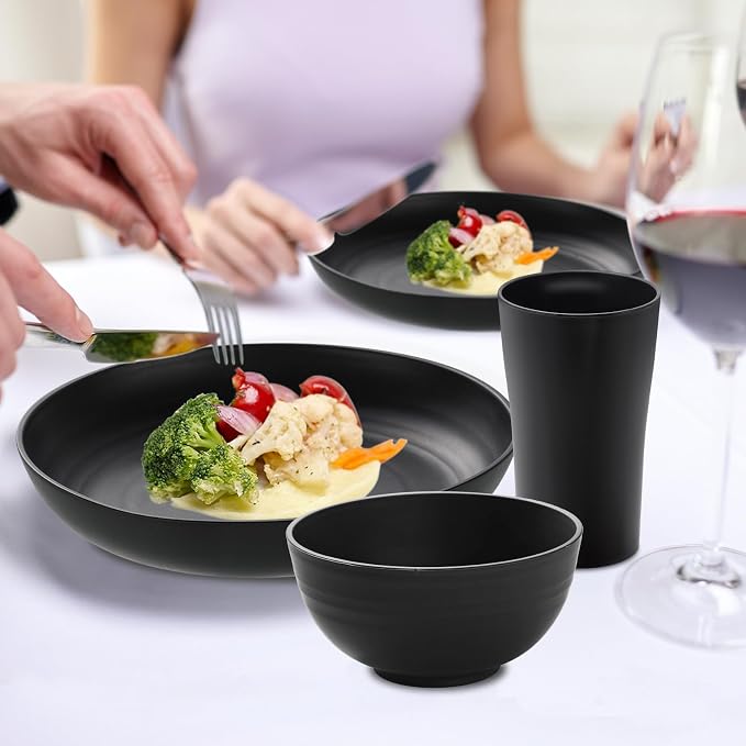 24 Piece Wheat Straw Dinnerware Sets of 6, Kitchen Plates and Bowls Sets, Unbreakable Plastic Dish Set for Camping, Dishwasher Microwave Safe, Kitchen and Dinning Essentials, Black