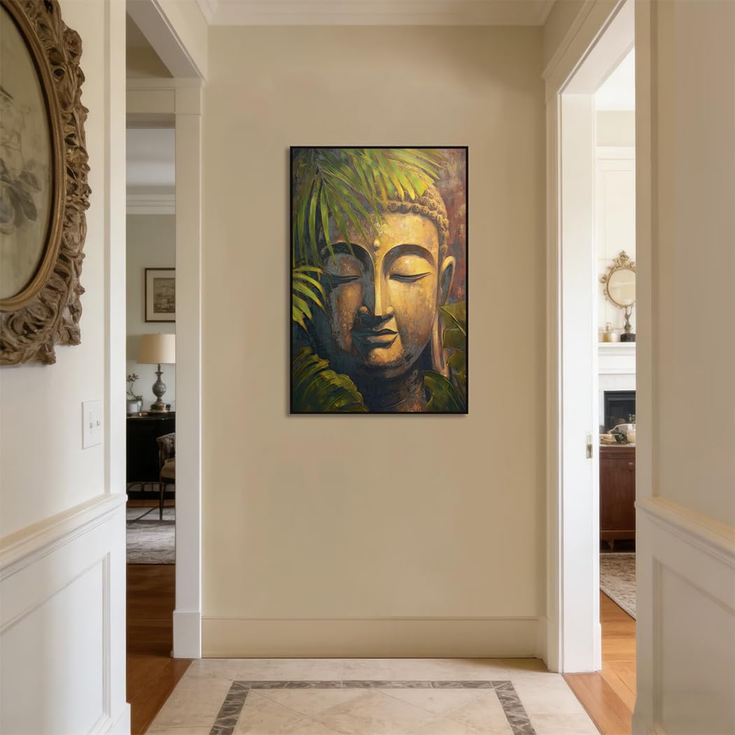 Buddha Head Canvas Wall Art, Framed 24x36 Inch Zen Buddhist Painting, Large Spiritual Meditation Room Decor, Buddha Print With Gold Decoration for Living Room Bedroom Yoga Studio, Ready to Hang