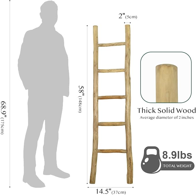 Fully Assembled Wood Ladder for Blankets, 5-Layer Structure Towel Rack, Farmhouse Style, Durable and Convenient Throw Blanket Ladder, Living Room Decoration
