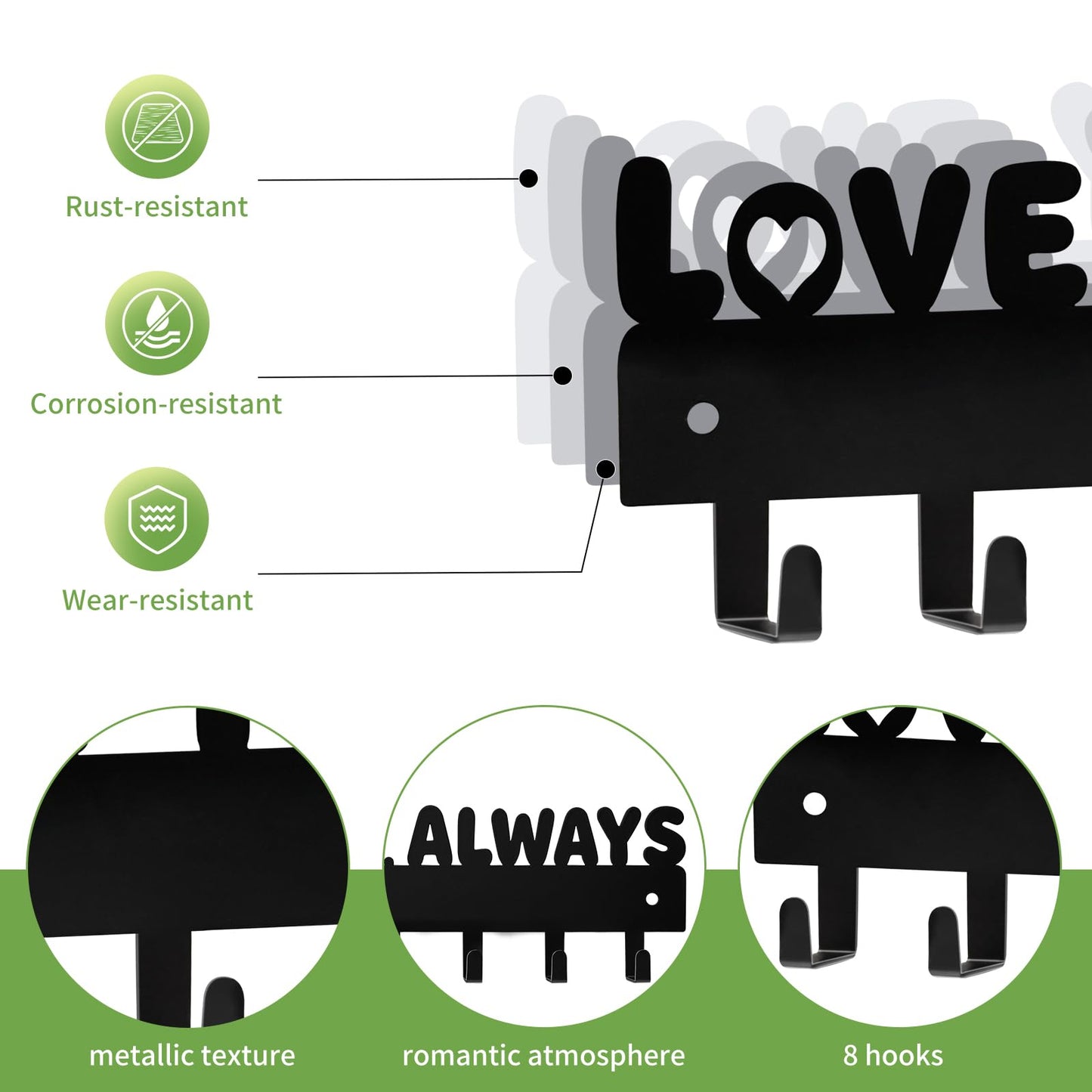 Key Holder Wall Mount & Love You Always Sign Key Holder, Key Hooks with 8 Hooks, Key Holder for Wall Self Adhesive, Key Rack for Wall No Drill for Entryway, Front Door, Hallway, Living Room - Black