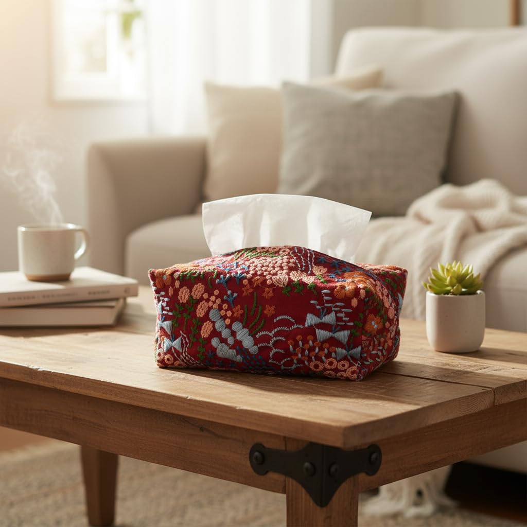 Floral Pattern Tissue Box Cover, Burgundy Red with Embroidered Design