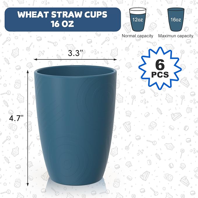Wheat Straw Drinking Cups Set of 6, 16 OZ Unbreakable & Lightweight Plastic Cups Reusable, Dishwasher Safe Tumblers for Camping, Kitchen, RV, Party， Dark Blue