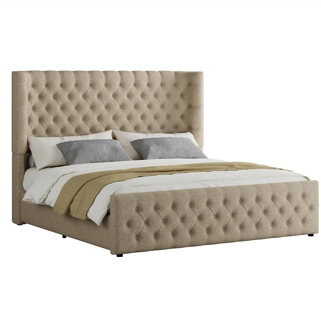 Jocisland Queen Size Platform Bed Frame, 6.3" Thick Upholstered Curved Wingback Headboard and Footboard with Deep Button Tufted, Easy Assembly, No Box Spring Needed, Khaki Linen