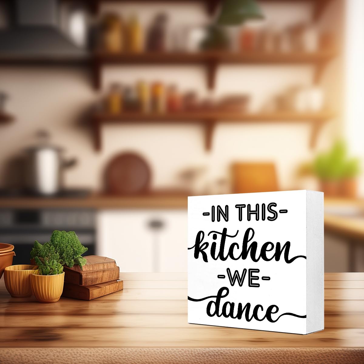 LVQHI Joyful Wooden Block Sign With "In This Kitchen We Dance" Quote, Whimsical Kitchen Dance Sign, Home Dance Decor For Party Kitchen, Music Lover's Kitchen Decor 5"L x 5"W x 1.2"H V612