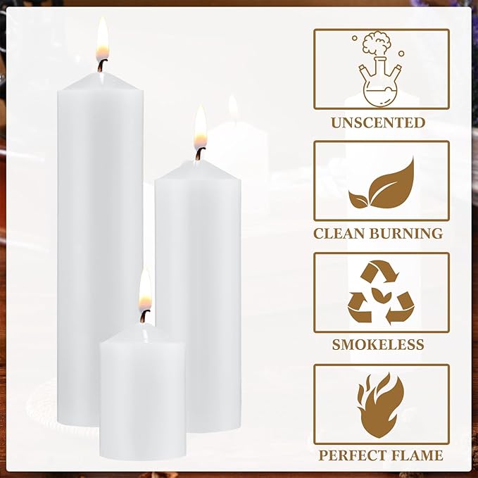 MTLEE 108 Pcs Pillar Candles Bulk Set of 3 Long Burning Wax Pillar Candles 2 in x 3, 6, 8 Inch Dripless Unscented Smokeless Candles for Wedding Party Spa Lantern Fireplace Home