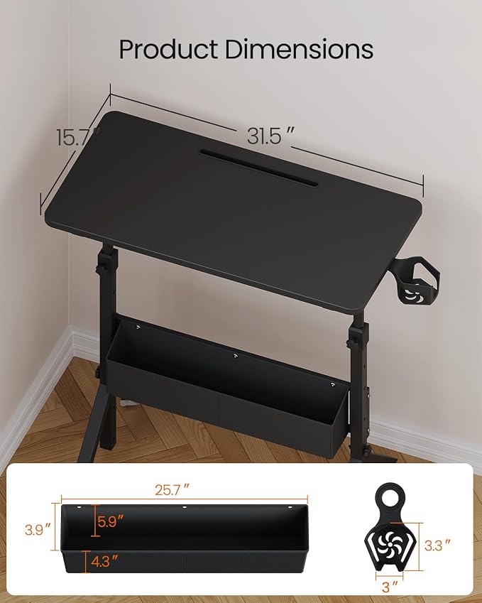 ErGear Mobile Standing Desk with Wheels, Adjustable Height 28.3″ to 46.1″, Rolling Laptop Cart with Cup Holder, Storage Basket, Computer & Pen Slot, Home Office Stand Up Desk, Black (31.5″ x 15.75″)