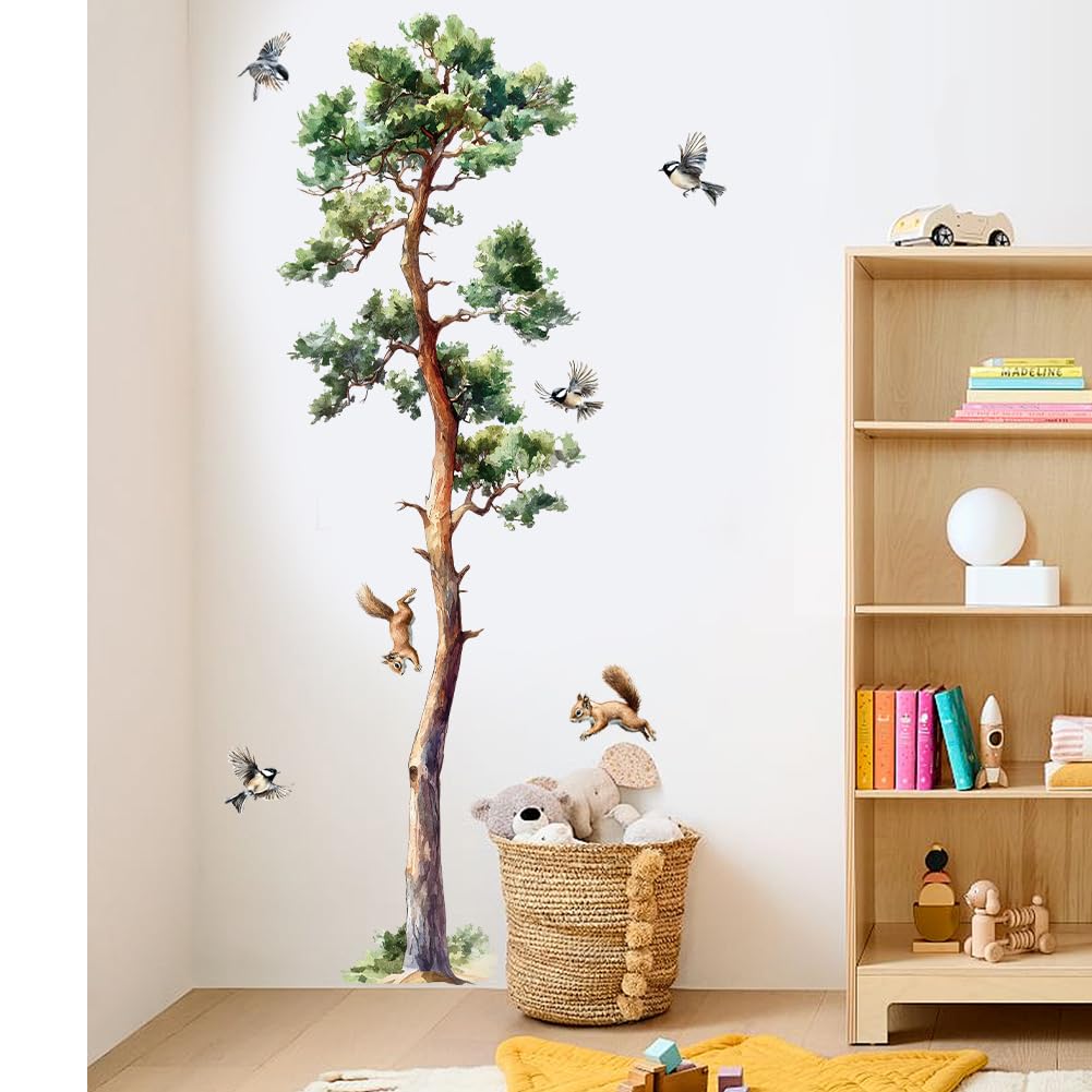 Pine Tree Wall Decals Large Green Tree Birds Wall Stickers Peel and Stick Wall Art Decals for Living Room Bedroom TV Background