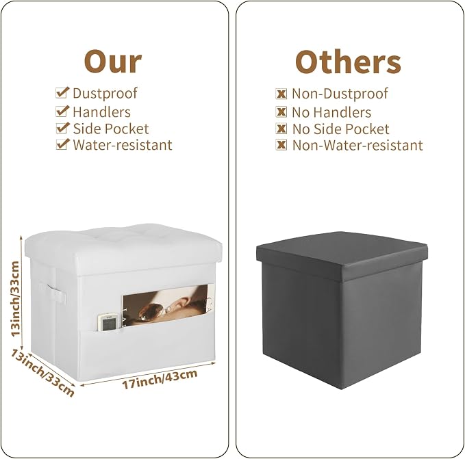 BelugaHelper Ottoman with Storage. Leather Foldable Ottomans with Thick Foam Padded Seat. Foot Rest Stool Storage for Living Room and Bedroom. Side Pockets and Handles Designed. 17x13x13in, White
