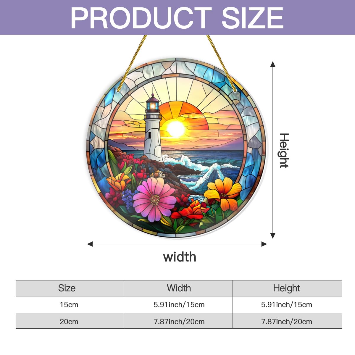 Vextrovia Gothic Lighthouse Wall Art, Stained Glass Sunrise and Floral Circular Hanging, Medieval Styles Motifs, Easy to Hang, Shatterproof Acrylic for Coastal Living Room Decor, 8x8 Inch