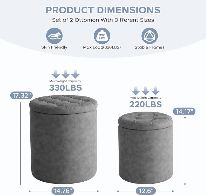 oakvivo 12.6" W x 14.17" H & 14.76" W x 17.32" H Storage Ottoman Foot Stool for Couch, Nesting Round Vanity Stools Padded Ottomen, Leather Set of 2 Footrest for Living Room,Grey