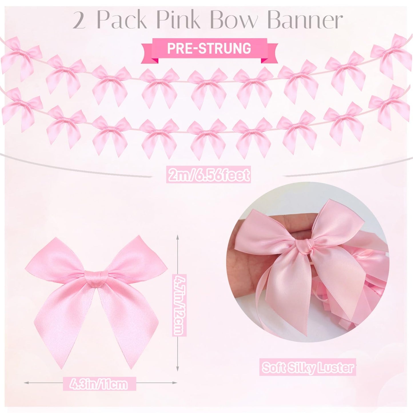 2pcs Pink Bow Garland Banner, Pink Ribbon Bow Party Decorations for Baby Shower Girls Bow Coquette Birthday Party Decor