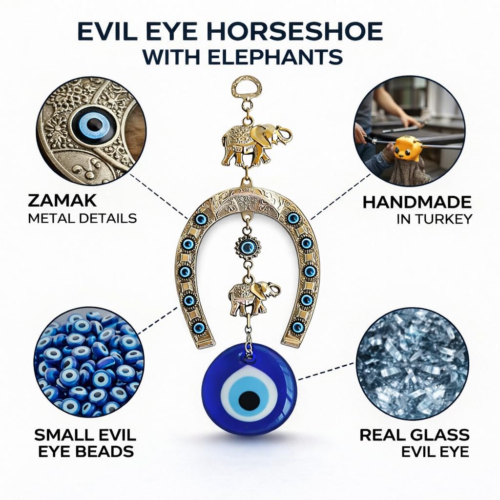 Erbulus Turkish Silver Horse Shoe Blue Evil Eye Wall Hanging Ornament with Elephant - Turkish Nazar Bead Amulet – Home Protection and Good Luck Charm Gift in a Box
