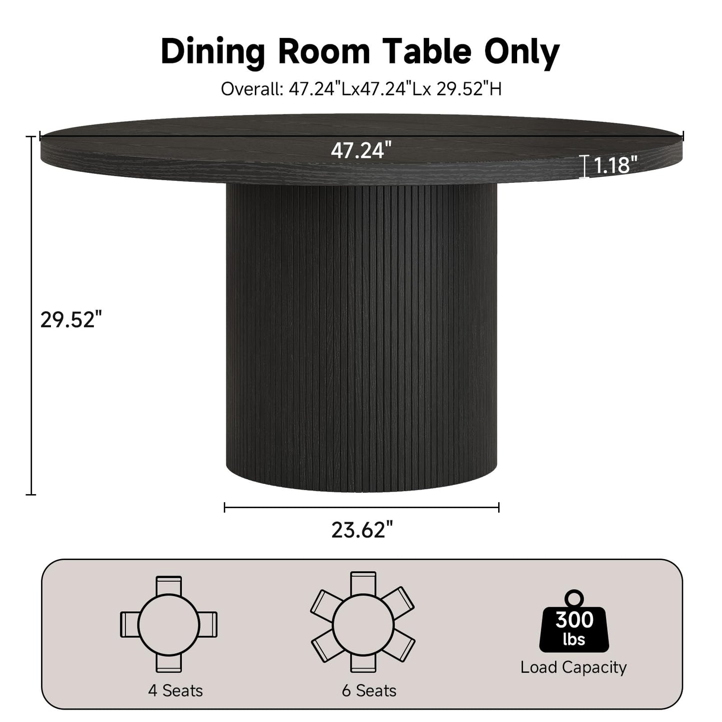 Round Kitchen Dining Table for 4-6 People, 47 inch Mid-Century Circle Dinner Tables, Rustic Wood Base in Fluted Design, Space Saving Dining Room Furniture, Large Table Only for Family Party, Black