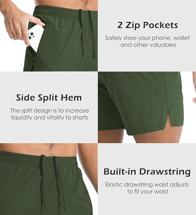Aolesy Men's Gym Shorts Linerless & Liner - 5" Quick Dry Workout Running Shorts with Zip Pockets Sports Athletic Shorts