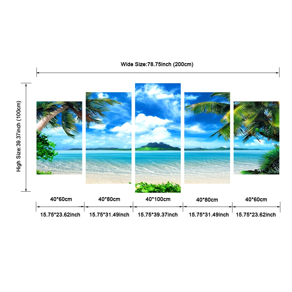 Pyradecor Modern 5 Piece Canvas Prints Artwork Contemporary Landscape Blue Sea Beach Pictures Paintings on Canvas Wall Art for Living Room Home Decorations Extra Large