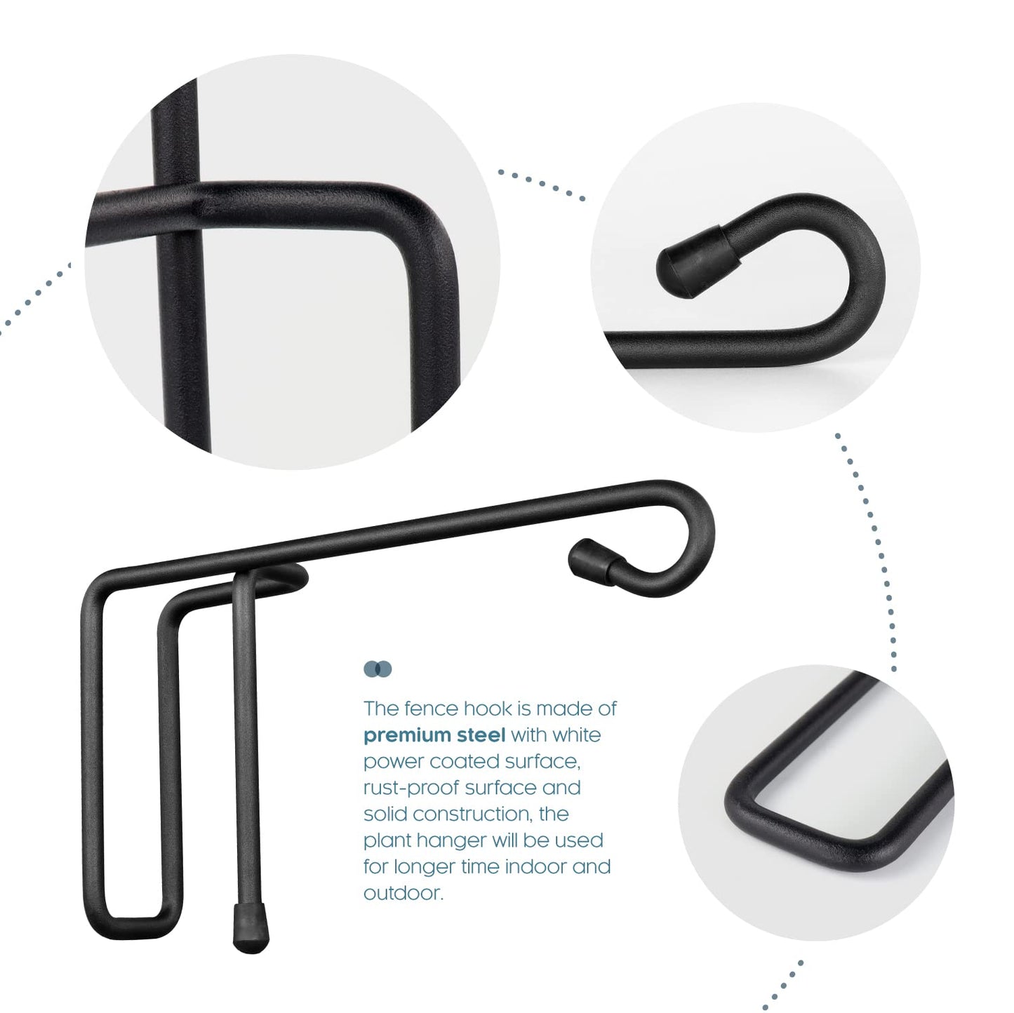 Vinazone Vinyl Fence Hooks for Hanging, Heavy Duty Patio Hangers, Outdoor Fence Hangers for Hanging Flower Baskets, Wind Chimes, Planters, Bird Feeders, Lights, Lanterns - 2 Pack - Black Color