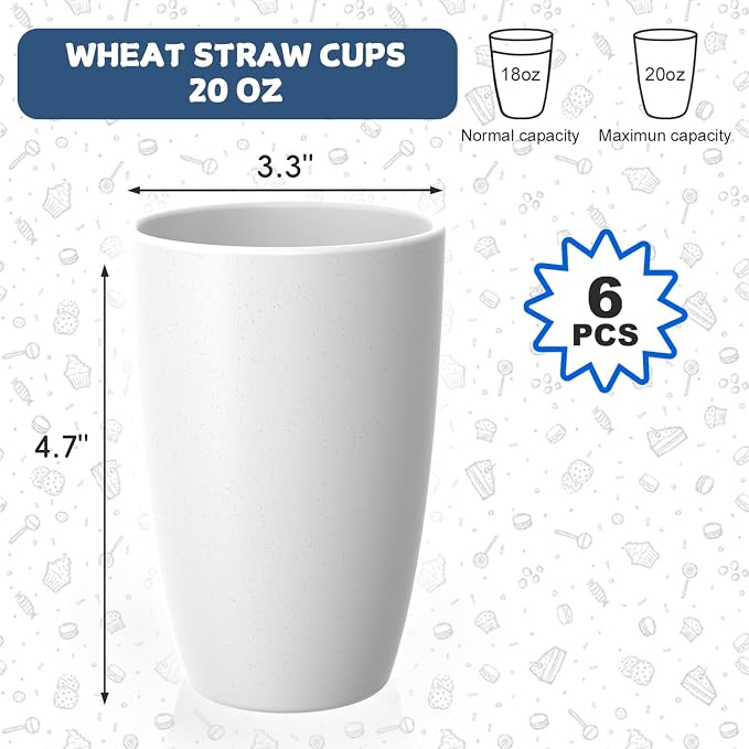 Wheat Straw Unbreakable Cup, 20 OZ Reusable Water Drinking Glasses Sets of 6, Lightweight Glass Cups, Alternative to Plastic Cups, Dishwasher Safe Tumbler for Kitchen Outdoor Camping, White