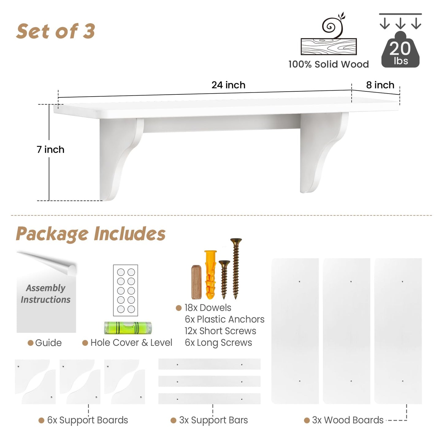 Forbena 24 Inch Wall Shelves for Bedroom Set of 3, Large Bathroom Floating Shelves for Wall, Long Decorative Hanging Arched Shelving Unit for Living Room Kids Girls Room Nursery Office (White)