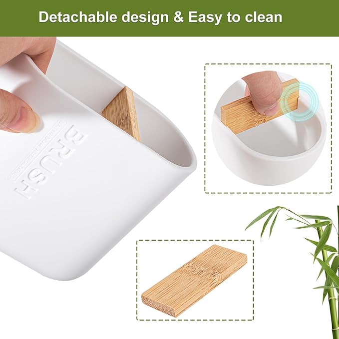 Toothbrush Holders Bamboo Electric Toothbrush Holder Bathroom Storage Organizer Countertop for Toothpaste, Floss, Razor, White