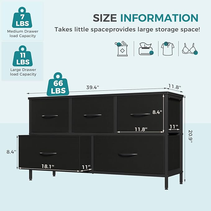 OLIXIS 5 Drawer Dresser for Bedroom, Closet Chest Organizer Furniture, TV Stand for Living Room Hallway, Wide Fabric Storage Tower with Wooden Top and Metal Frame, Black