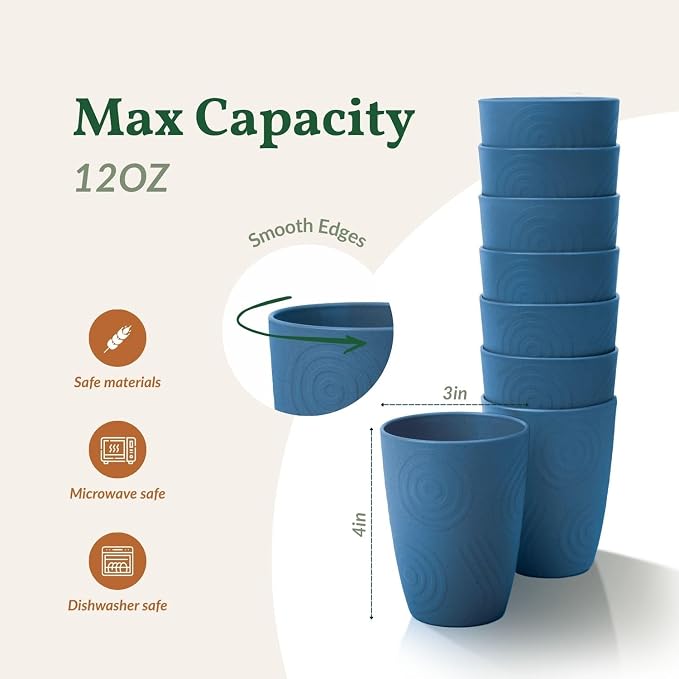 Unbreakable Plastic Drinking Glasses Alternative, Reusable Water Tumblers Set of 8, Wheat Straw Cups for Kitchen, Picnic, RV, Microwave & Dishwasher Safe Drinking Cups for Hot and Cold Beverage(Blue)