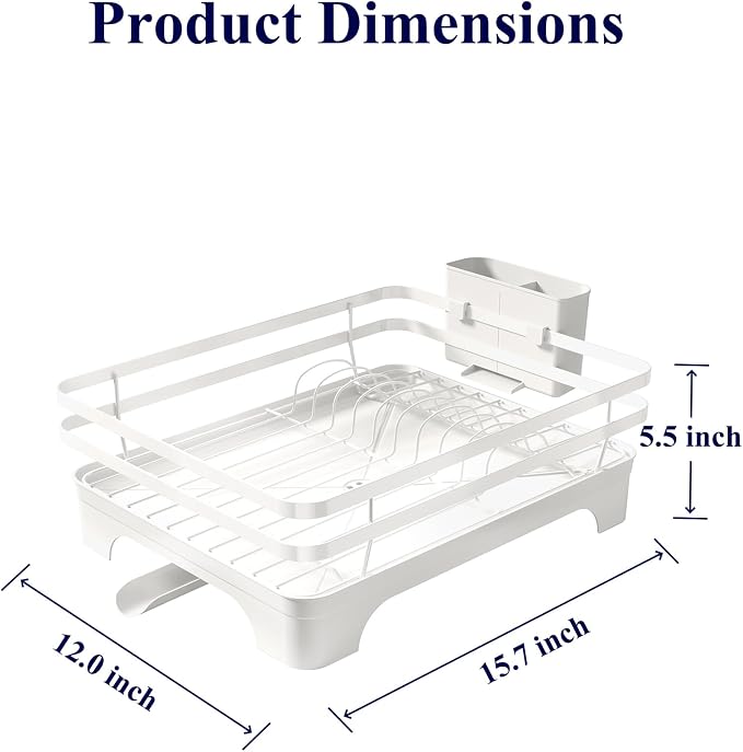 Kitsure Dish Drying Rack - Multi-Functional Dish Rack for Kitchen Counter with Cutlery Holder, Rust-Proof Storage Solution with Rotatable, 15.7" x 12.0" x 5.5", White