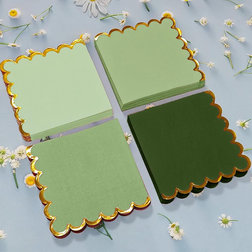 100 pack Green Cocktail Napkins with Gold Foil Accents Scalloped Edges 5 x 5 inch Beverage Disposable Napkin Party Decoration Wedding Bridal and Baby Shower Dinner Lunch Supplies