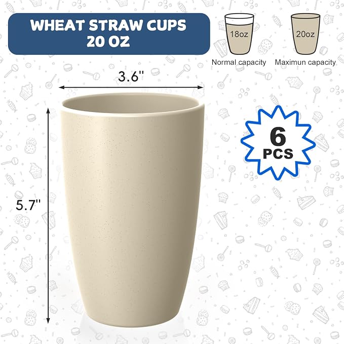 Wheat Straw Unbreakable Cups, Large Cups 20 OZ Set of 6, Alternative to Plastic Cups Reusable, Dishwasher Safe Tumblers & Water Glasses for Kitchen, Parties, Camping, RV, Beige