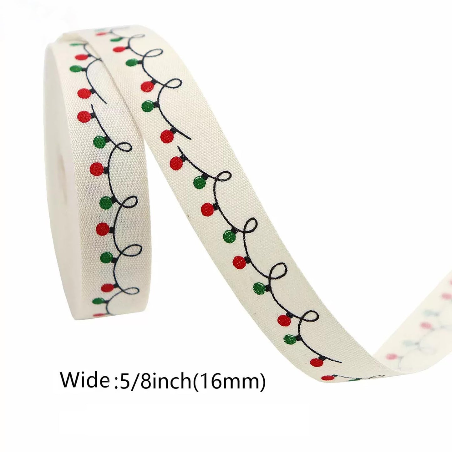 10 Yards Merry Christmas Cotton Ribbon, 5/8 Inch, Red Green White Merry Wrapping Ribbon for Craft Wreath Decor Bow Flower Bouquet (String Lights)