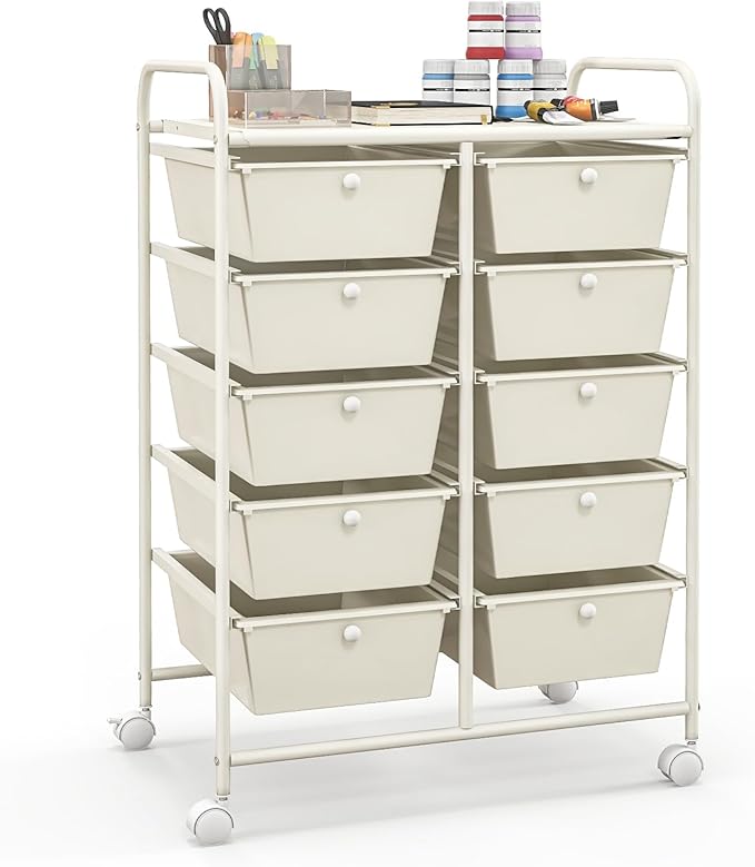 Giantex 10 Drawers Rolling Cart, Classroom Organizers, Storage Cart with Wheels, for Teacher Office Home School Supplies Tool Craft Art Paper, Ivory Color