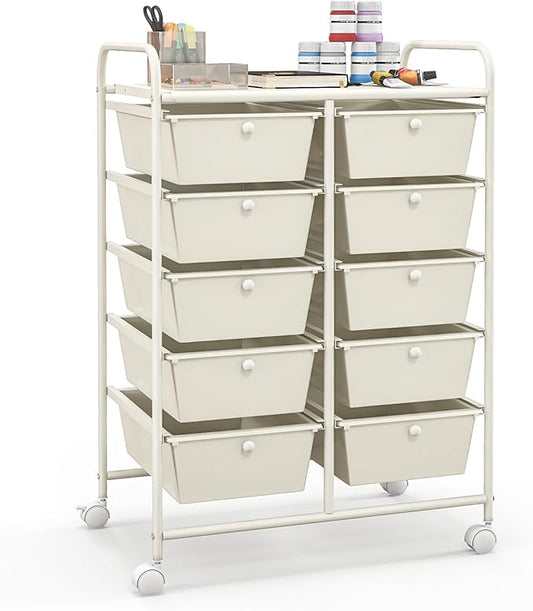 Giantex 10 Drawers Rolling Cart, Classroom Organizers, Storage Cart with Wheels, for Teacher Office Home School Supplies Tool Craft Art Paper, Ivory Color