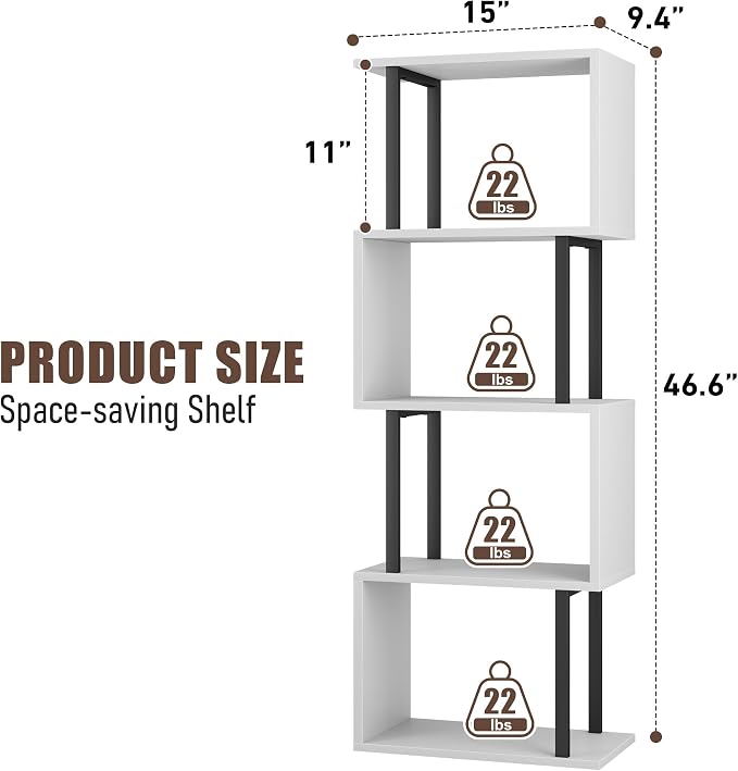 Gadroad 4-Tier Bookshelf, Narrow S-Shaped Geometric Bookcase, Wood Decorative Storage Shelving, Modern Freestanding Display Shelves, Book Shelf Unit for Living Room Bedroom Home Office, White