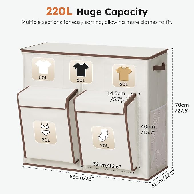 SOLEDI 220L Laundry Hamper 3 Section,Extra Large Laundry Basket with Lid and 2 Side Pockets, Dirty Clothes Hamper with Removable Bag Easy to Carry for Laundry Room, Bedroom, Bathroom, White