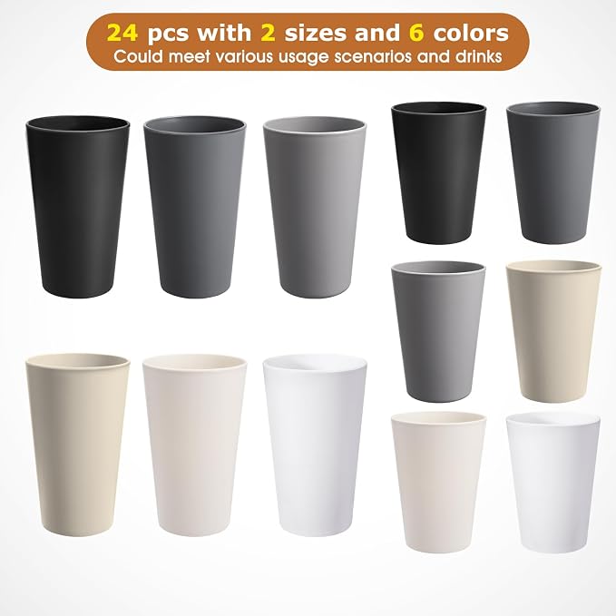 HEYCOME 24 Pcs Unbreakable Plastic Cups Set, 12 Pcs 14 oz and 12 Pcs 20 oz Reusable Plastic Cups, Stackable Water Tumblers, Drinking Cup for Kitchen, BPA-free, Dishwasher and Microwave Safe, 6 Colors