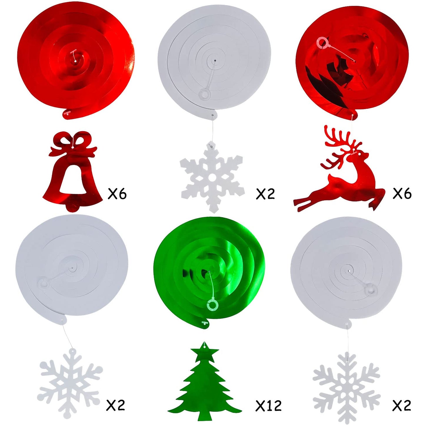 Christmas Party Decorations Foil Hanging Ceiling Swirls (30Pcs Fully-Assembled) Reindeer Bell Christmas Tree Snowflake Swirls for Porch Home House Bar, Christmas Holiday Supplies Decorations
